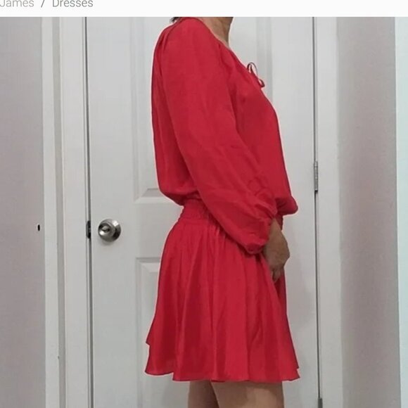 Elizabeth and James smocked waist  red silk dress S - Picture 2 of 15